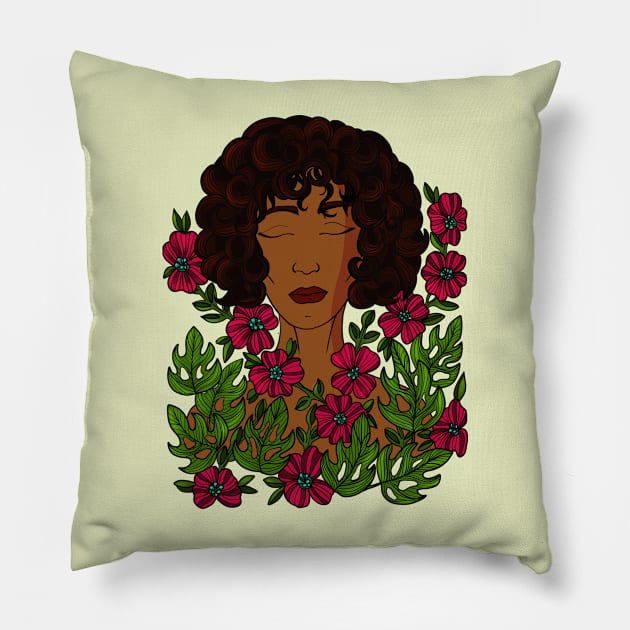 Beautiful woman and flowers Pillow by nadka.drawings