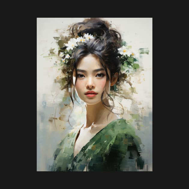 Japanese Girl in Green With Daisies in Her Hair by kansaikate