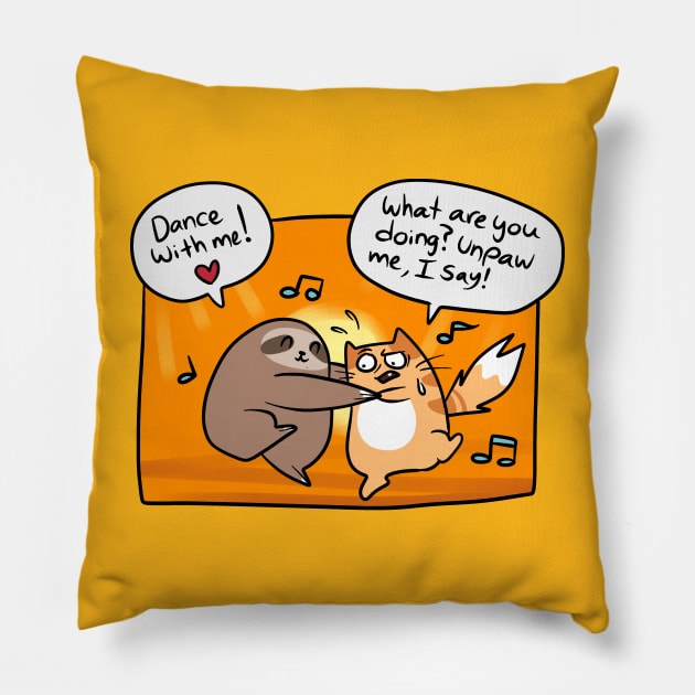 Sloth and Cat Dancing Comic Pillow by saradaboru