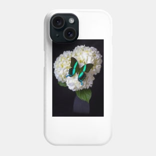 Green Blue Butterfly On White Hydrangea Phone Case