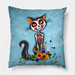 Funny cute sugar cat skeleton with flowers Pillow