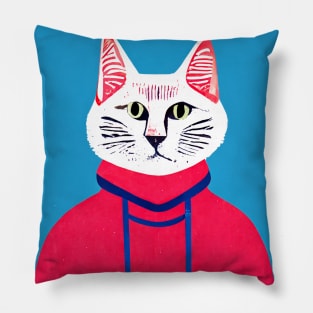 Blue Street Cat Retro Poster Vintage Art Cat Wall Blue Pink Illustration Pillow