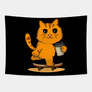 Cat on Wheels: Skating and Sipping Coffee - Energetic Tee for Cat Lovers Tapestry