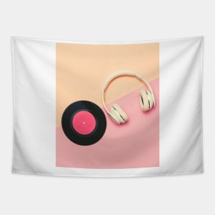 Headphones and Vinyl Record Photo, Pastel Pink and Peach Tapestry