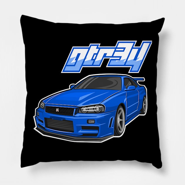 Blue gtr34 car Pillow by enha design