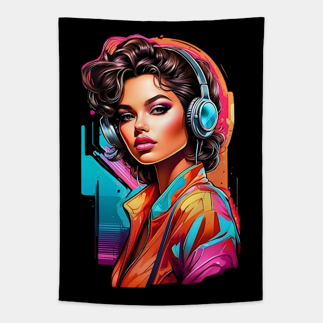 Chic girl with headphones retro vintage 80s design Tapestry by Neon City Bazaar