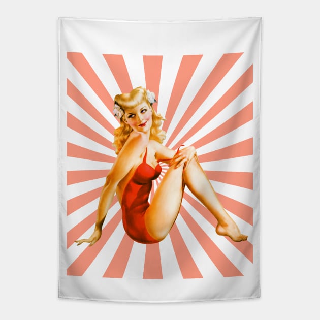 Blonde Pin-Up Girl in Red Graphic Design Tapestry by AdrianaHolmesArt