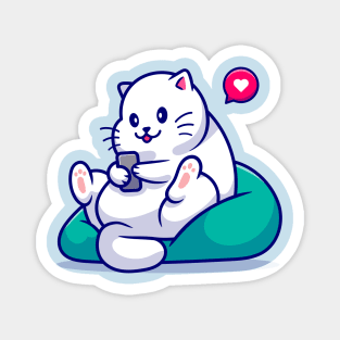 Cute Cat Sitting Playing Phone Cartoon Magnet