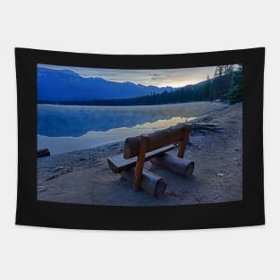 Cavell Lake Wooden Bench Morning Jasper National Park Fall Leaves Tapestry