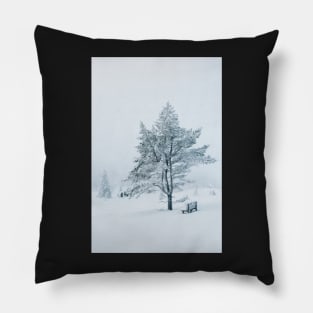 White Winter - Snow-Covered Bench and Tree in Norwegian National Park Pillow