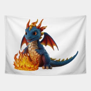 Realistic Cute Blue Baby Dragon with Campfire Tapestry