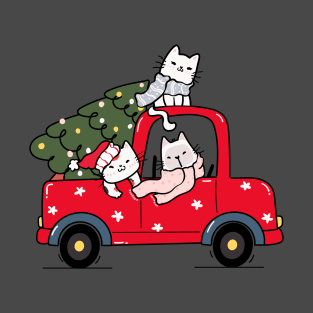 cute kitten cat with christmas tree on red truck car T-Shirt