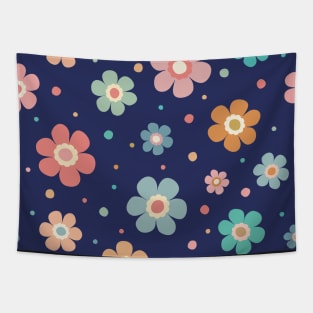 Cute Multicolor Flower Pattern On Navy Tapestry