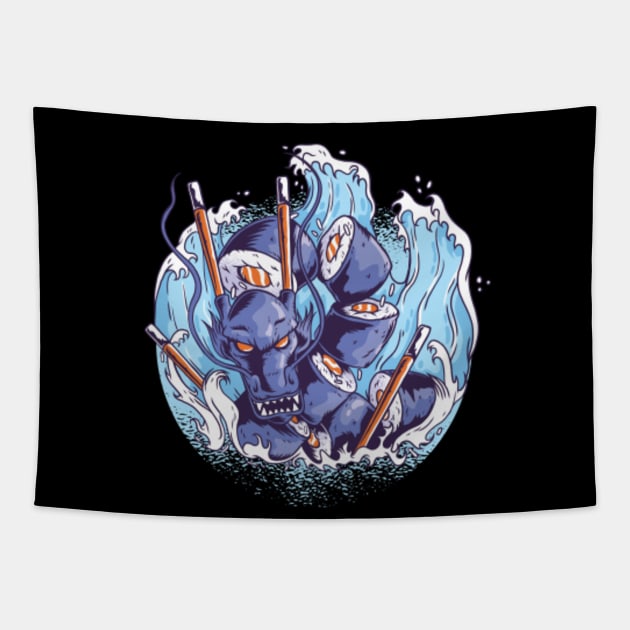 Great Wave Sushi Horror Tapestry by Urban_Vintage