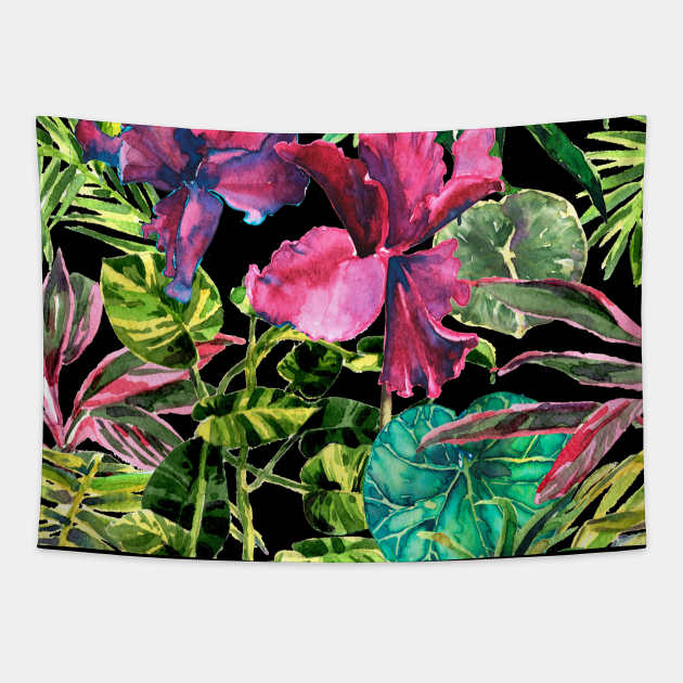 Seamless tropical flower, plant and leaf pattern background Tapestry by Olga Berlet