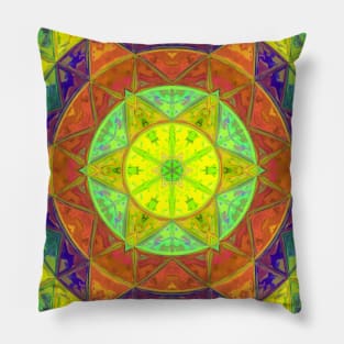 Mosaic Kaleidoscope Flower Green Orange and Purple Pillow