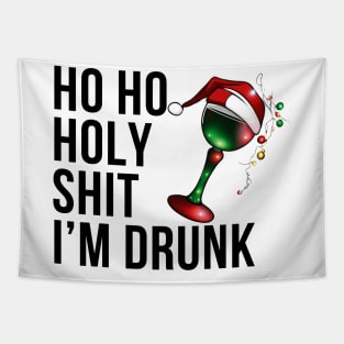 Christmas Humor. Rude, Offensive, Inappropriate Christmas Design. Ho Ho Holy Shit I'm Drunk. Black Writing with Christmas Lights Wine Glass and Santa Hat Tapestry