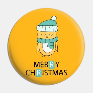 Merry Christmas greeting card with yellow chicken in scarf Pin