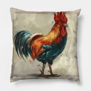 Colorful Rooster Painting on Beige Background - Here Comes The Rooster 2 Pillow