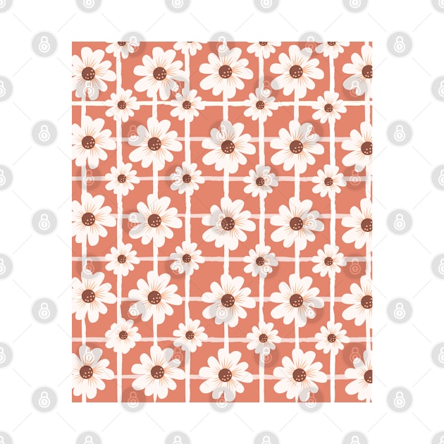 Botanical floral pink pattern, white daisies by artBIU