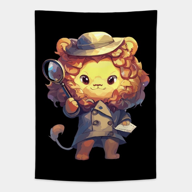 Kawaii detective lion cat Tapestry by TomFrontierArt