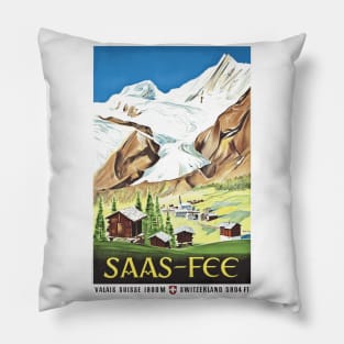 Saas-Fee, Switzerland - Vintage Travel Poster Design Pillow