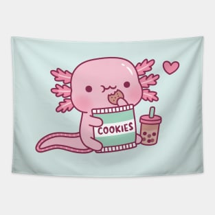 Cute Axolotl Snack On Cookies And Bubble Tea Tapestry