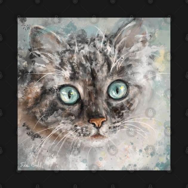 Chaotic Painting of a Grey and White Cat with Gorgeous Light Blue Eyes by ibadishi