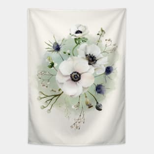 Watercolor botanical vintage Floral minimalist print- White Anemone Flower Tapestry