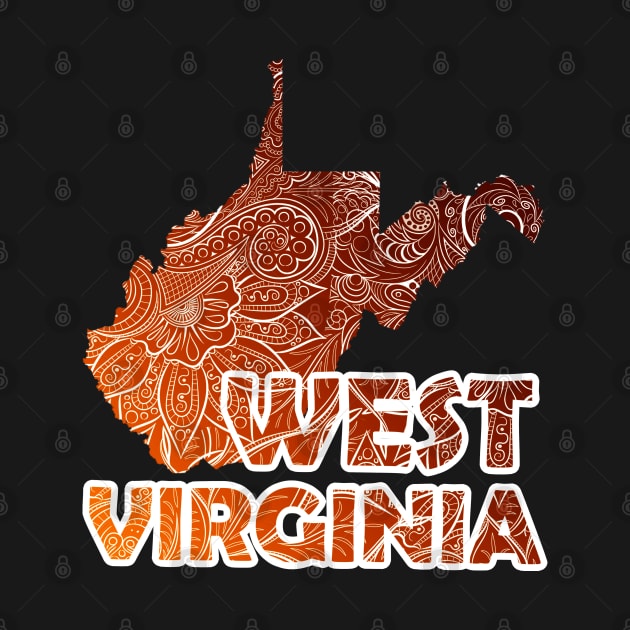 Colorful mandala art map of West Virginia with text in brown and orange by Happy Citizen