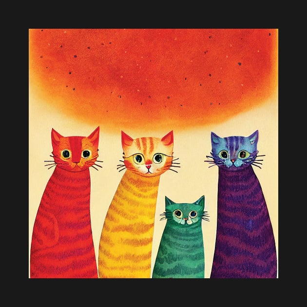 Four Quirky Multicoloured Cats Print. Purple, Red Yellow and Green by Geminiartstudio