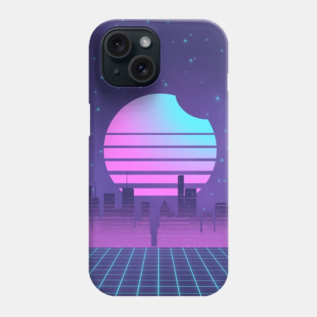 Synthwave Sunset Eclipse Vaporwave City with Galaxy and Neon Grid Phone Case by ichewsyou