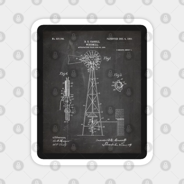 Windmill Patent - Farmer Rancher Country Farmhouse Art - Black Chalkboard Magnet by patentpress