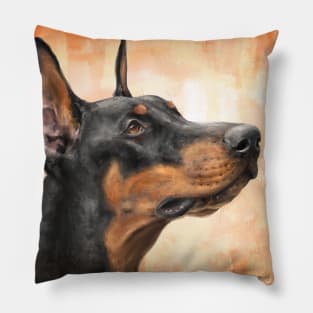 Contemporary Painting of a Gorgeous Black and Gold Doberman Pinscher on Orange Background Pillow