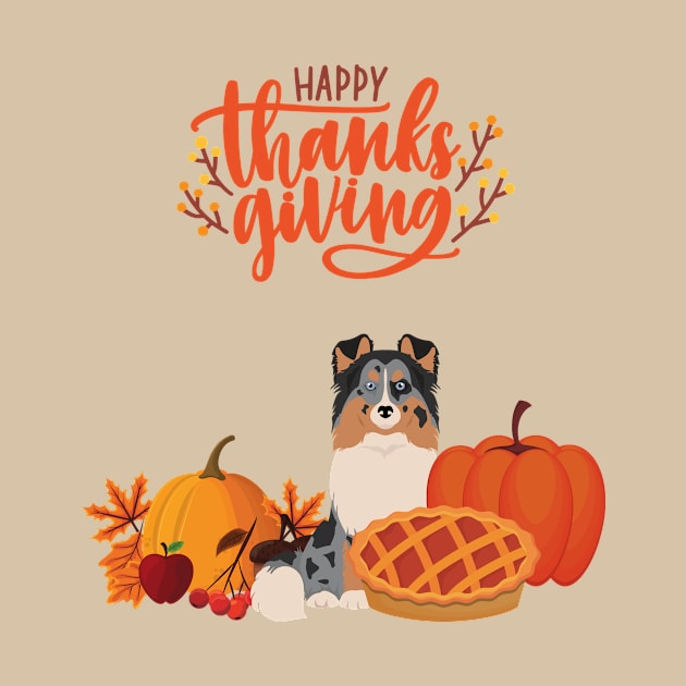 Cute Sheltie with Orange Happy Thanksgiving Sign and Holiday Pie and Pumpkin by Seasonal Dogs