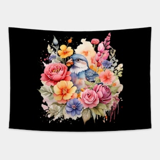 A bird decorated with beautiful watercolor flowers Tapestry