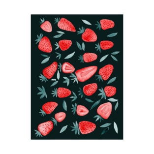 Watercolors strawberries - red and teal on dark background T-Shirt