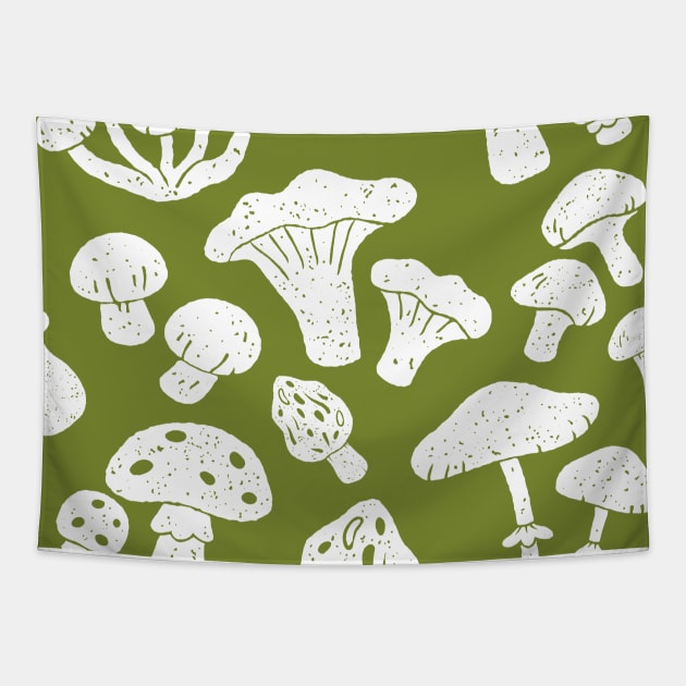 Cottagecore Mushroom Hunting Olive Green Seamless Pattern Tapestry by ichewsyou