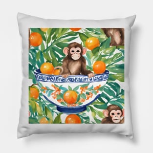 Chinoiserie monkey and oranges watercolor Pillow