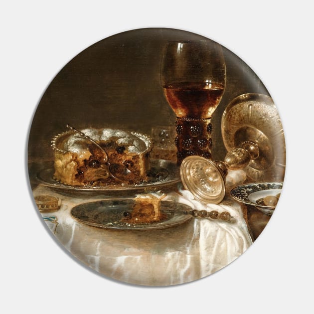 Olives in a Blue and White Porcelain Bowl, a Roemer, Wine Glasses, an Overturned Silver Tazza and a Meat Pie by Willem Claeszoon Heda Pin by Classic Art Stall