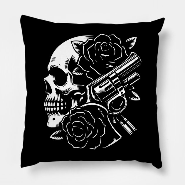 skull, roses and gun Pillow by lkn