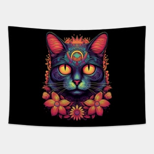 Colorful Abstract Cat and Flowers Design Tapestry