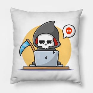 Cute Grim Reaper Operating Laptop Cartoon Vector Icon Illustration Pillow