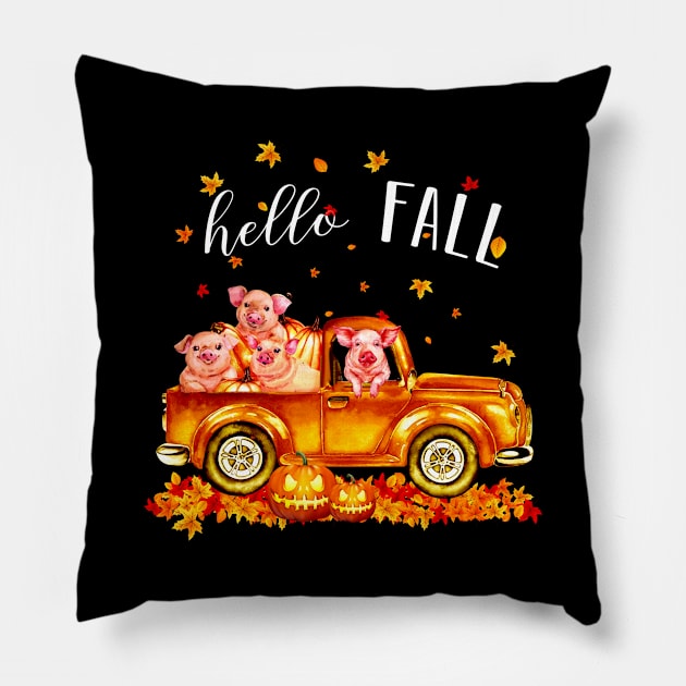 Pigs Hello Fall - Pigs In Car Pumpkin Halloween T-shirt Pigs Autunm Gift Pillow by kimmygoderteart