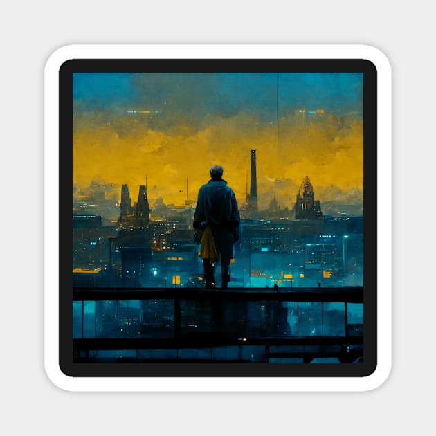 Man Overlooking a City - best selling Magnet by bayamba