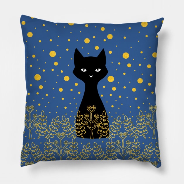 Black cat on a golden field Pillow by Purrfect