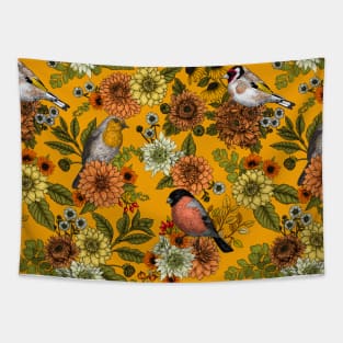 Garden birds and flowers on marigold orange Tapestry