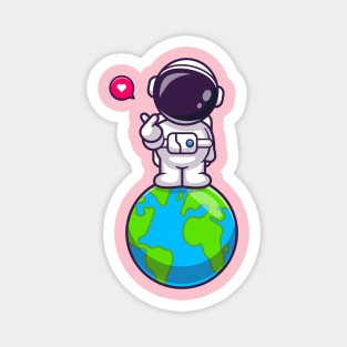 Cute Astronaut Standing On Earth With Love Sign Cartoon Magnet