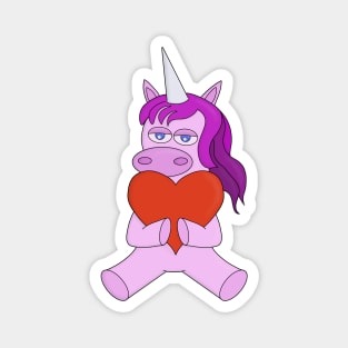 An adorable pink unicorn hugging a red heart Magnet