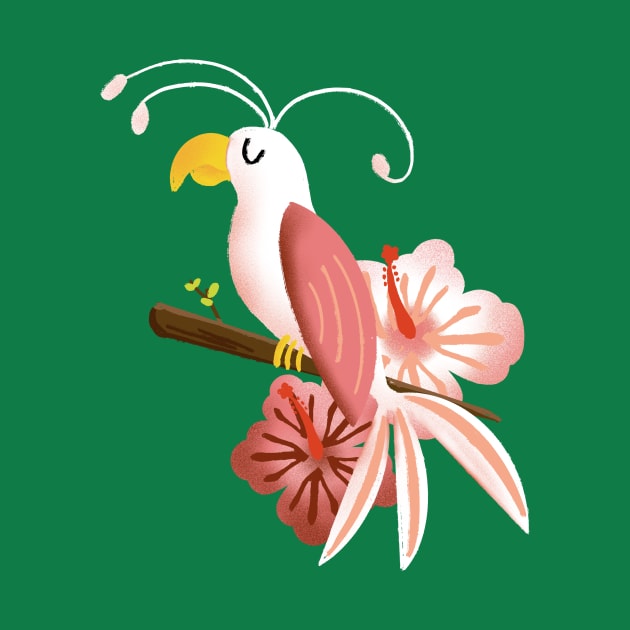 White and Pink Tropical Bird with Hibiscus Flowers by ksrogersdesigns